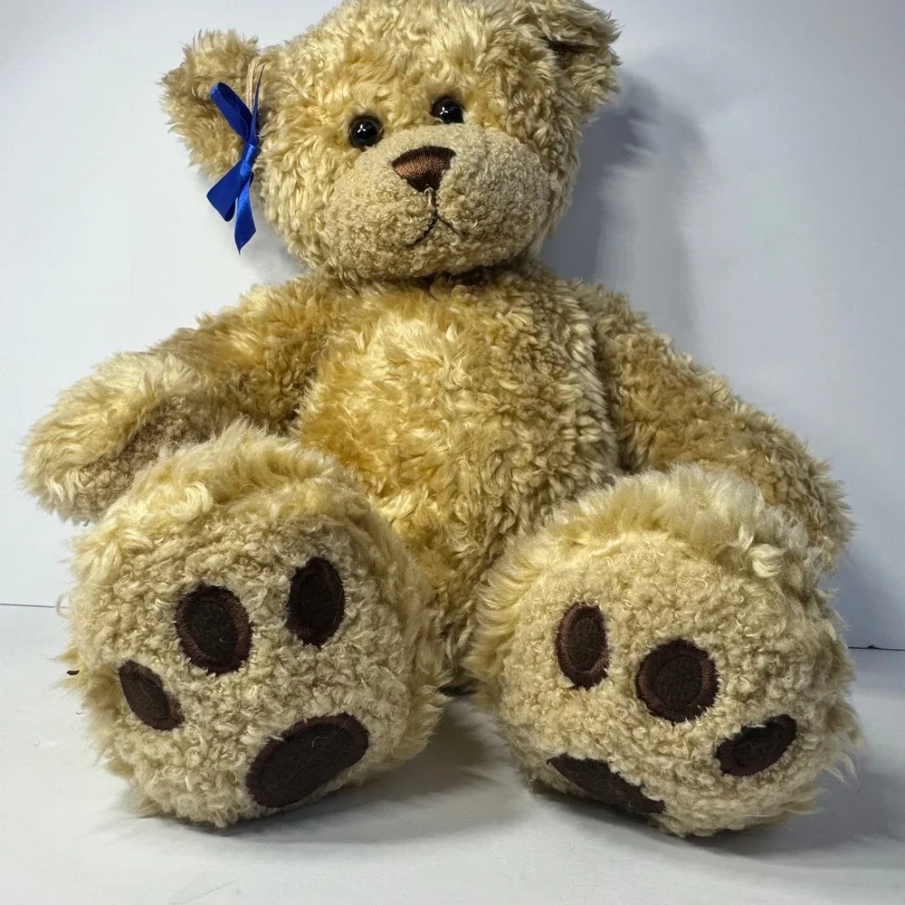 Build-A-Bear Workshop Tan Curly Shaggy Teddy Bear Blue Bow Plush 14 Inch Vintage